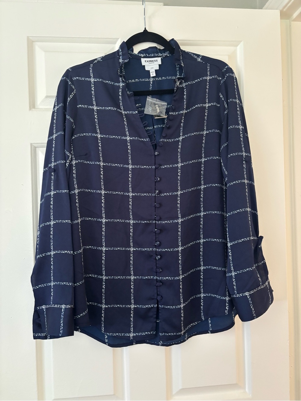 Express Portofino Shirt - L Slim - Navy Windowpane Plaid NWT Button Down Blouse - Picture 2 of 7